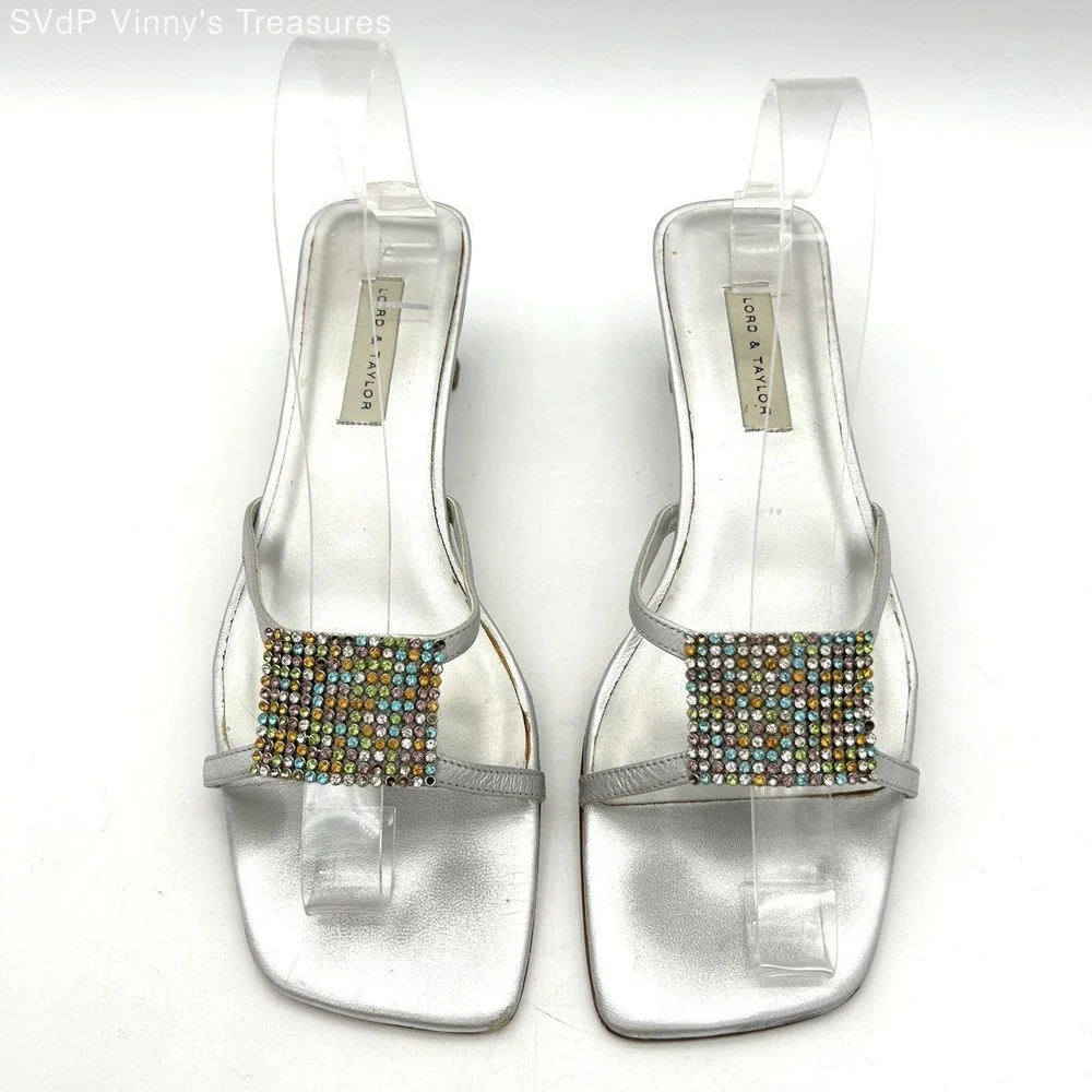 Lord & Taylor Palace Silver Rhinestone Kitten Heel Slide Sandals Size 9M